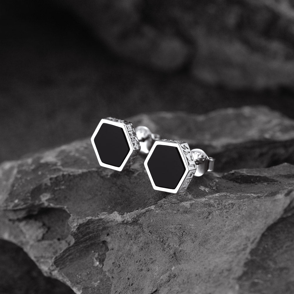 Hexagon Viking Rune Black Onyx Stud Earrings for