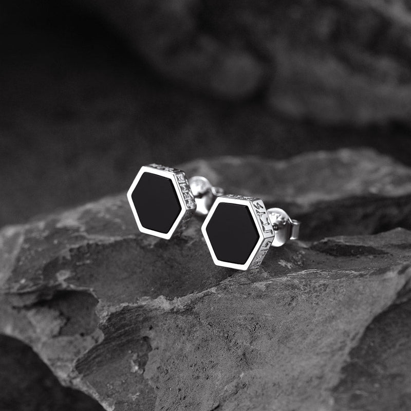 Hexagon Viking Rune Black Onyx Stud Earrings for