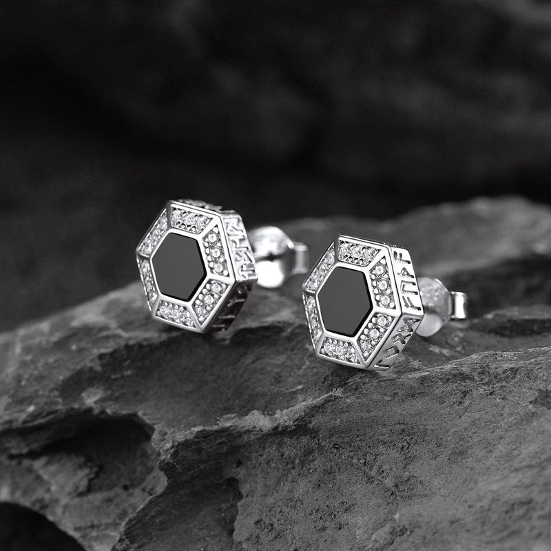 Viking Rune Hexagon Black Onyx Stud Earrings for