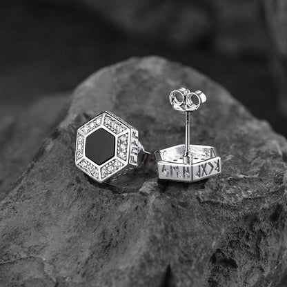 Viking Rune Hexagon Black Onyx Stud Earrings for