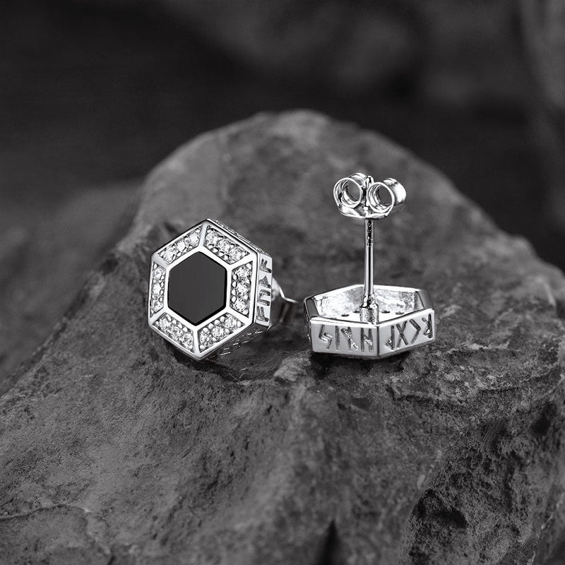 Viking Rune Hexagon Black Onyx Stud Earrings for