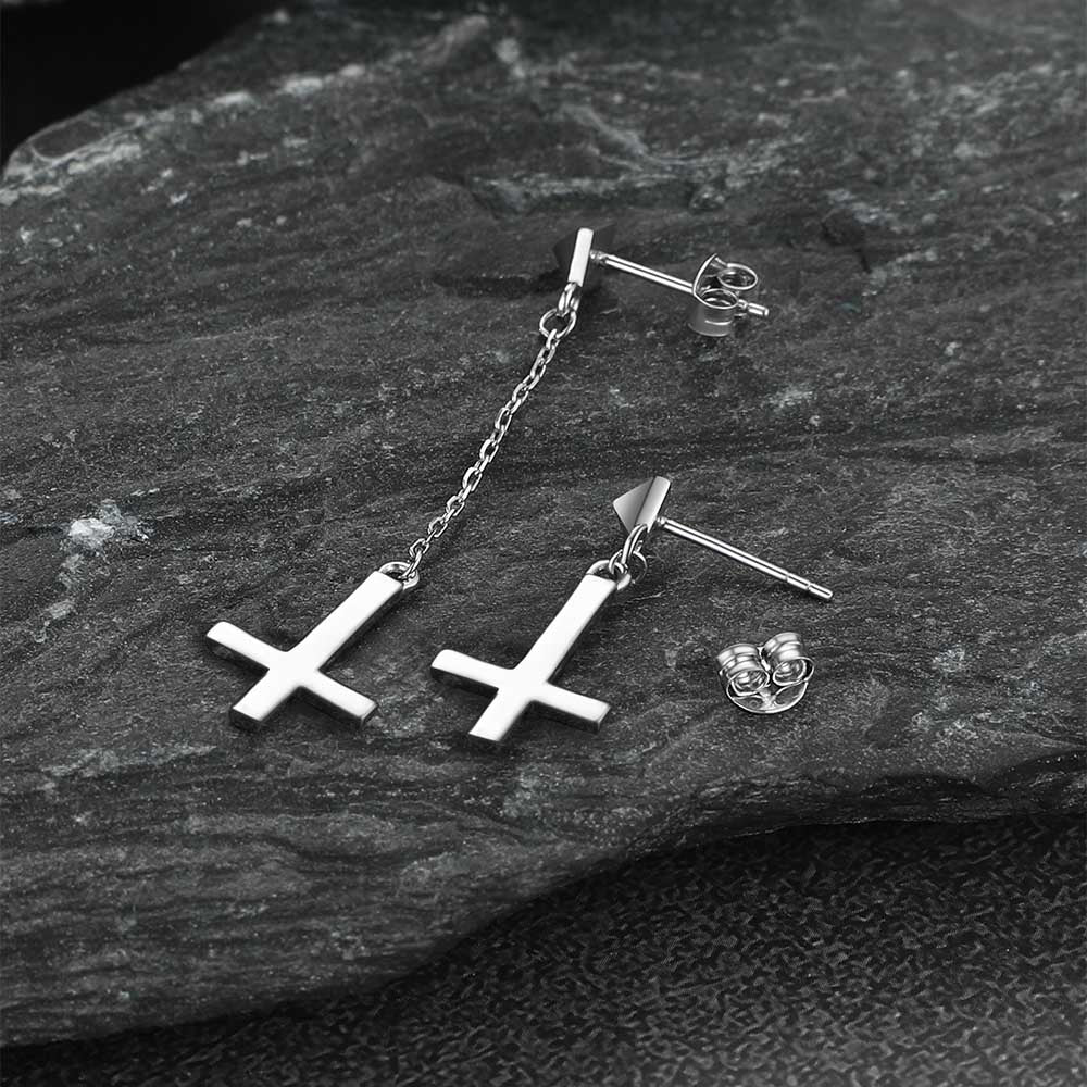 Sterling Silver Inverted Cross Dangling Stud Earrings for