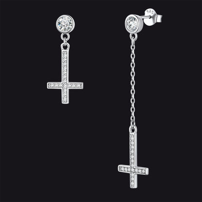 Sterling Silver Upside Down Cross Earrings With Diamond for