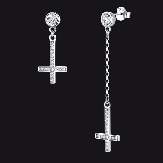 Sterling Silver Upside Down Cross Earrings With Diamond for
