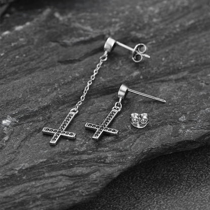 Sterling Silver Upside Down Cross Earrings With Diamond for