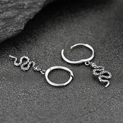 Sterling Silver Snake Dangle Hoop Earrings for