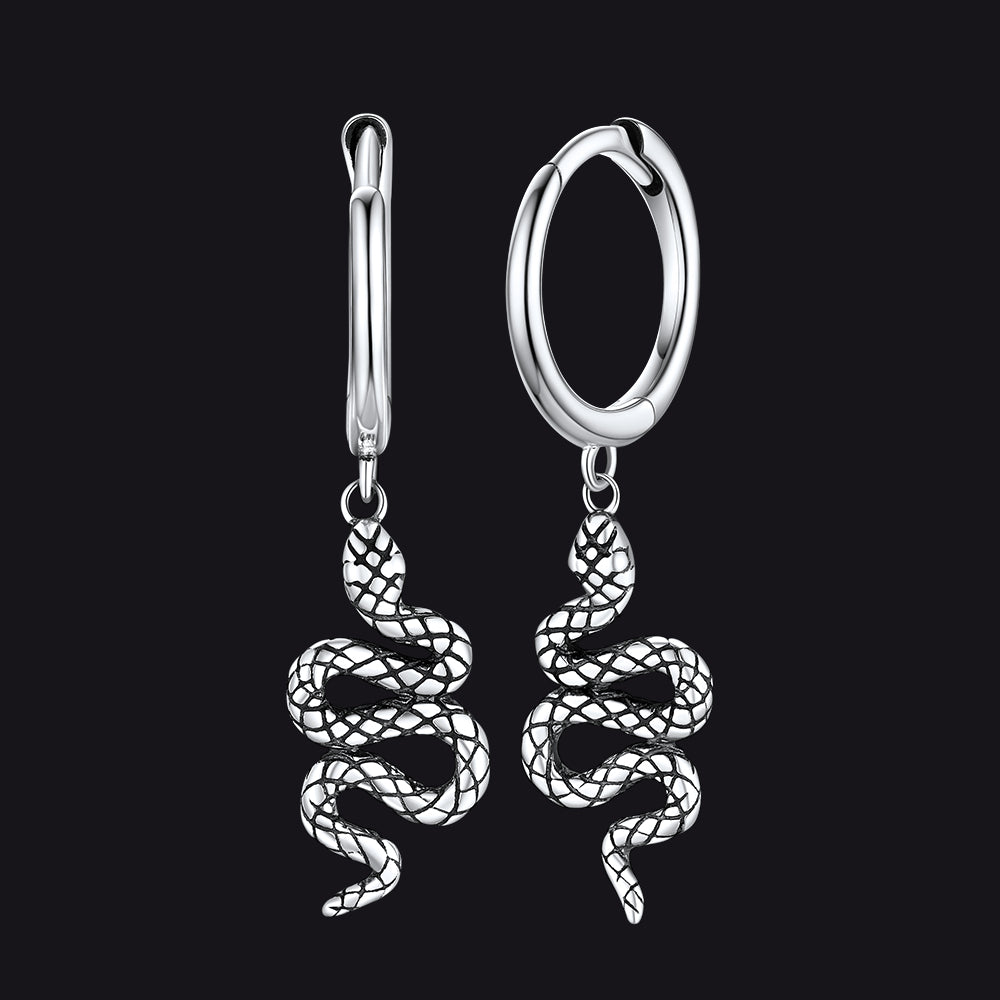Sterling Silver Snake Dangle Hoop Earrings for