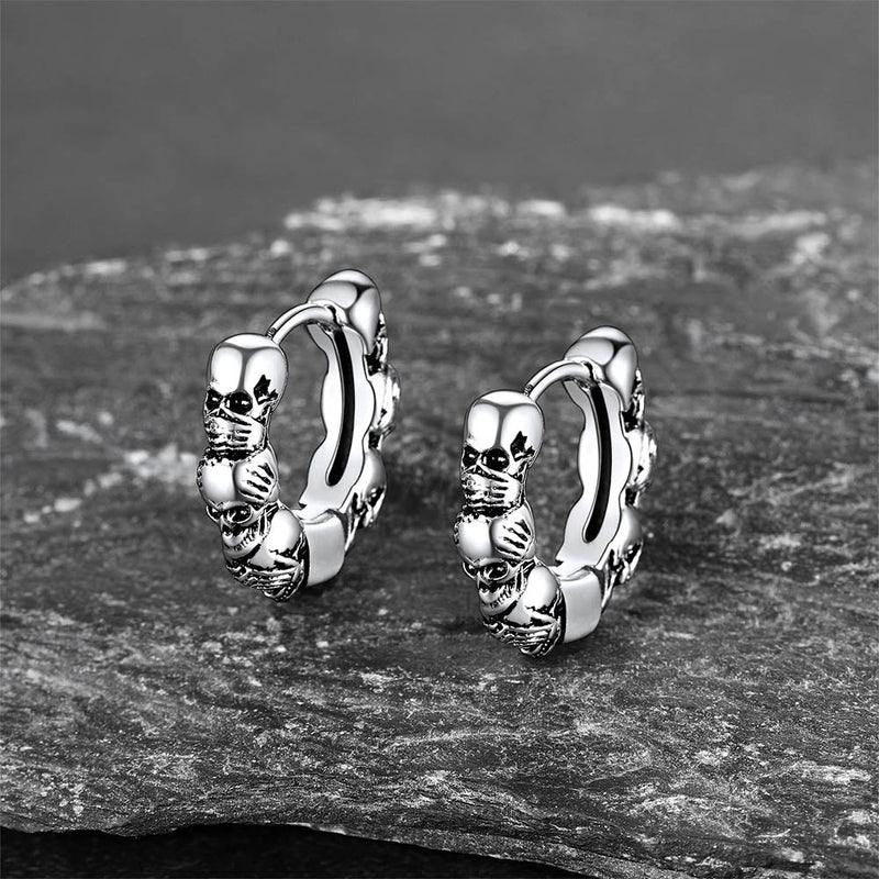 Sterling Silver Skulls Hoop Huugie Earrings for