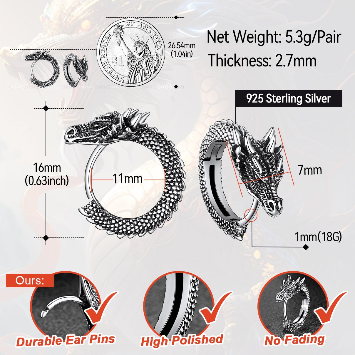 Punk Small Dragon Hoop Earrings for
