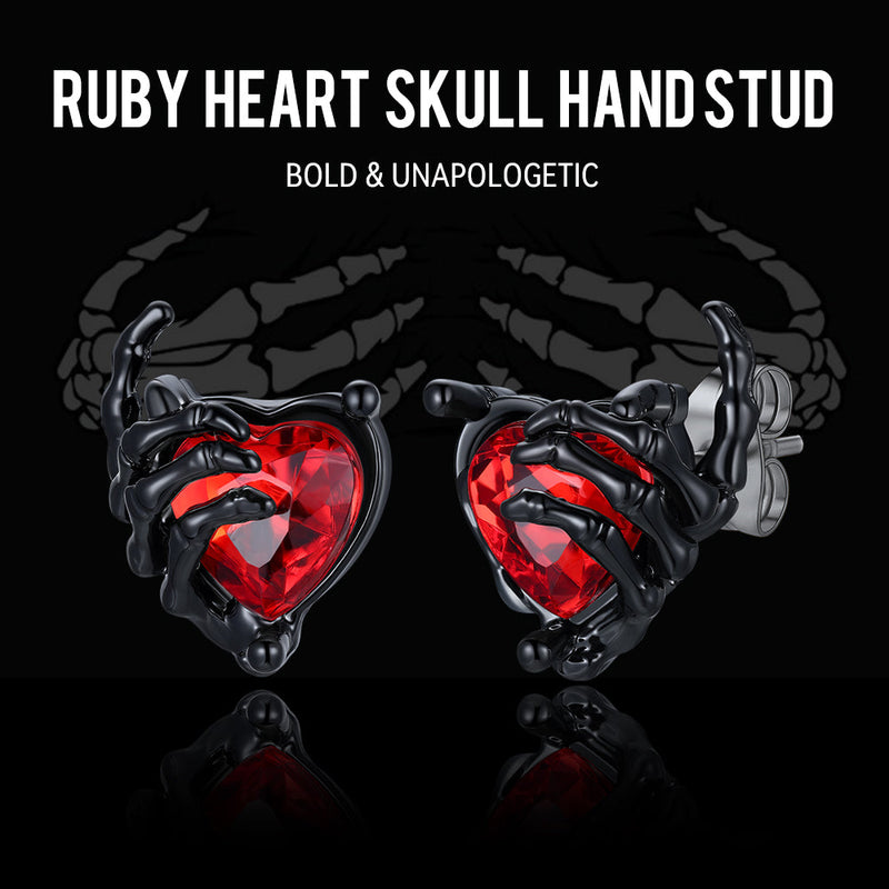 Gothic Black Ruby Heart Skull Hand Stud Earrings for