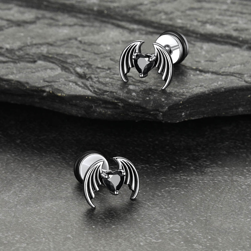 Black Cz Heart Devil Wings Stud Earrings in Stainless Steel