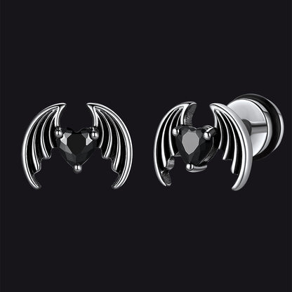 Black Cz Heart Devil Wings Stud Earrings in Stainless Steel