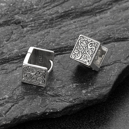 S925 Silver Tangcao Flower Square Earrings Antique for