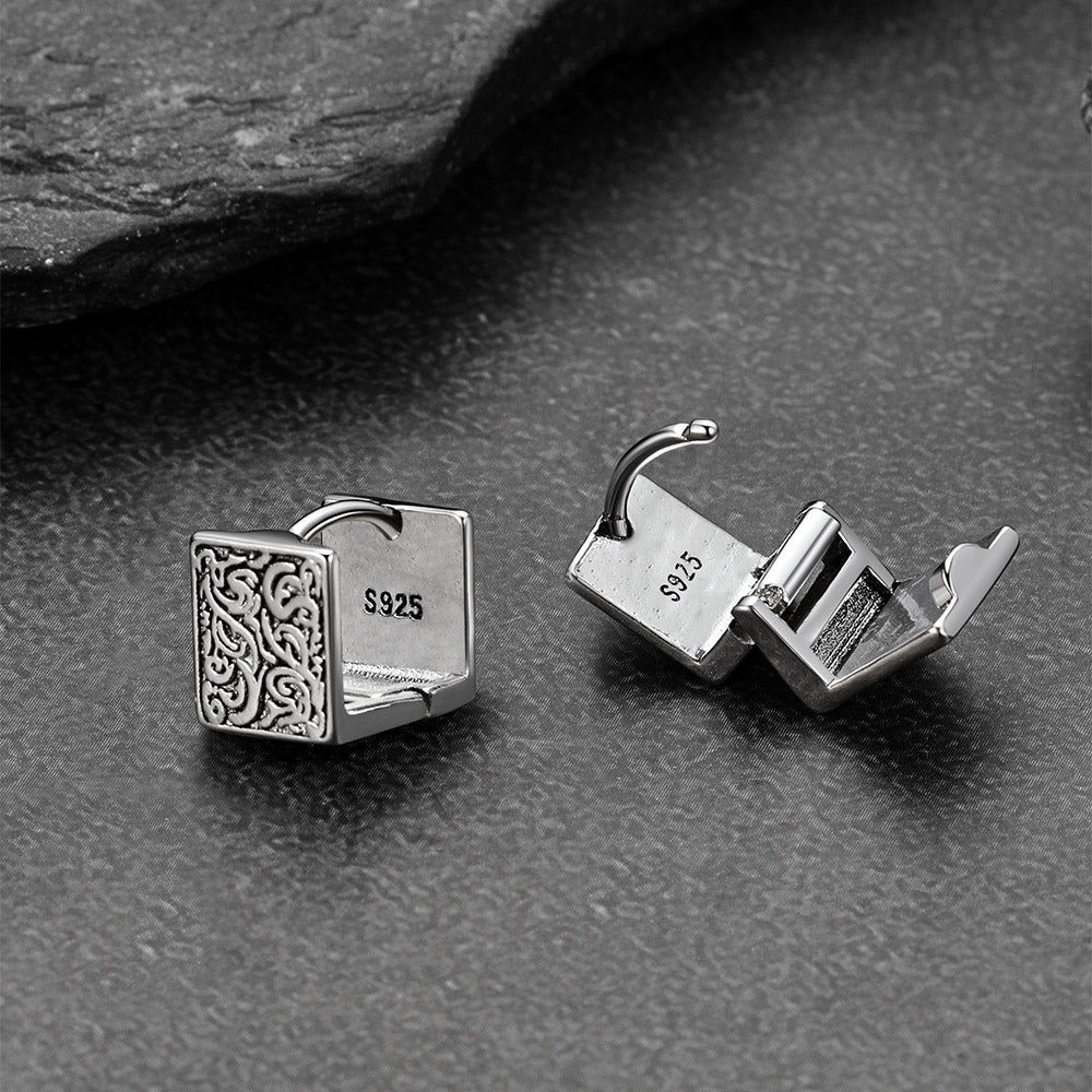 S925 Silver Tangcao Flower Square Earrings Antique for