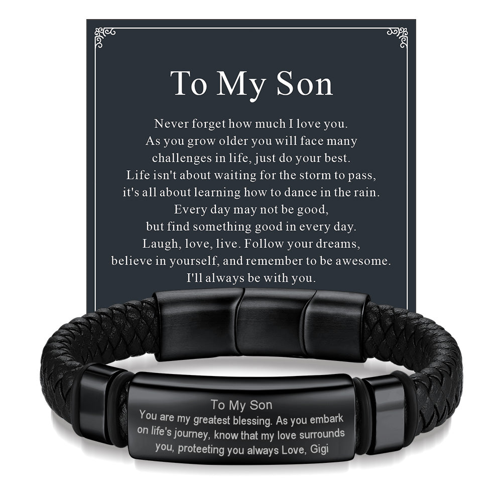 Custom Braided Black Engraved Leather Bracelet Cuff for