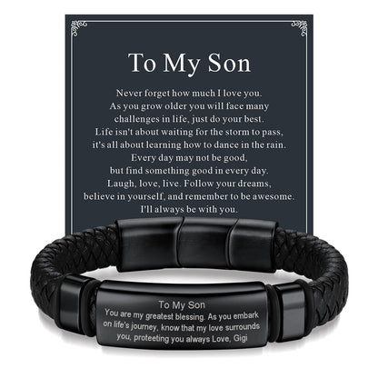 Custom Braided Black Engraved Leather Bracelet Cuff for