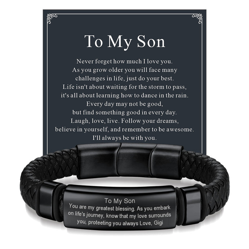Custom Braided Black Engraved Leather Bracelet Cuff for