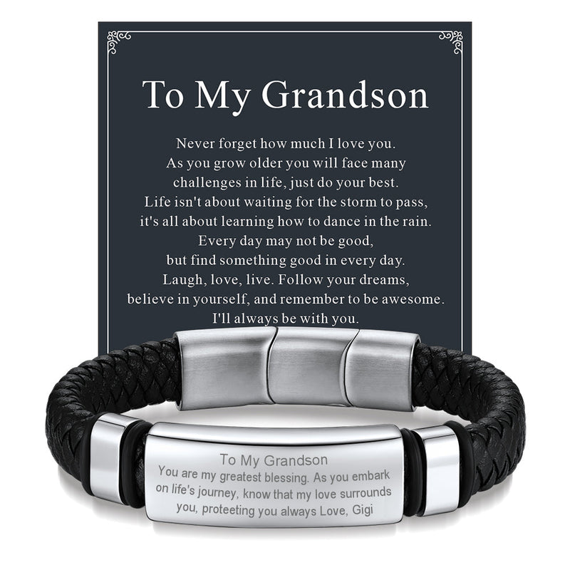 Custom Braided Black Engraved Leather Bracelet Cuff for