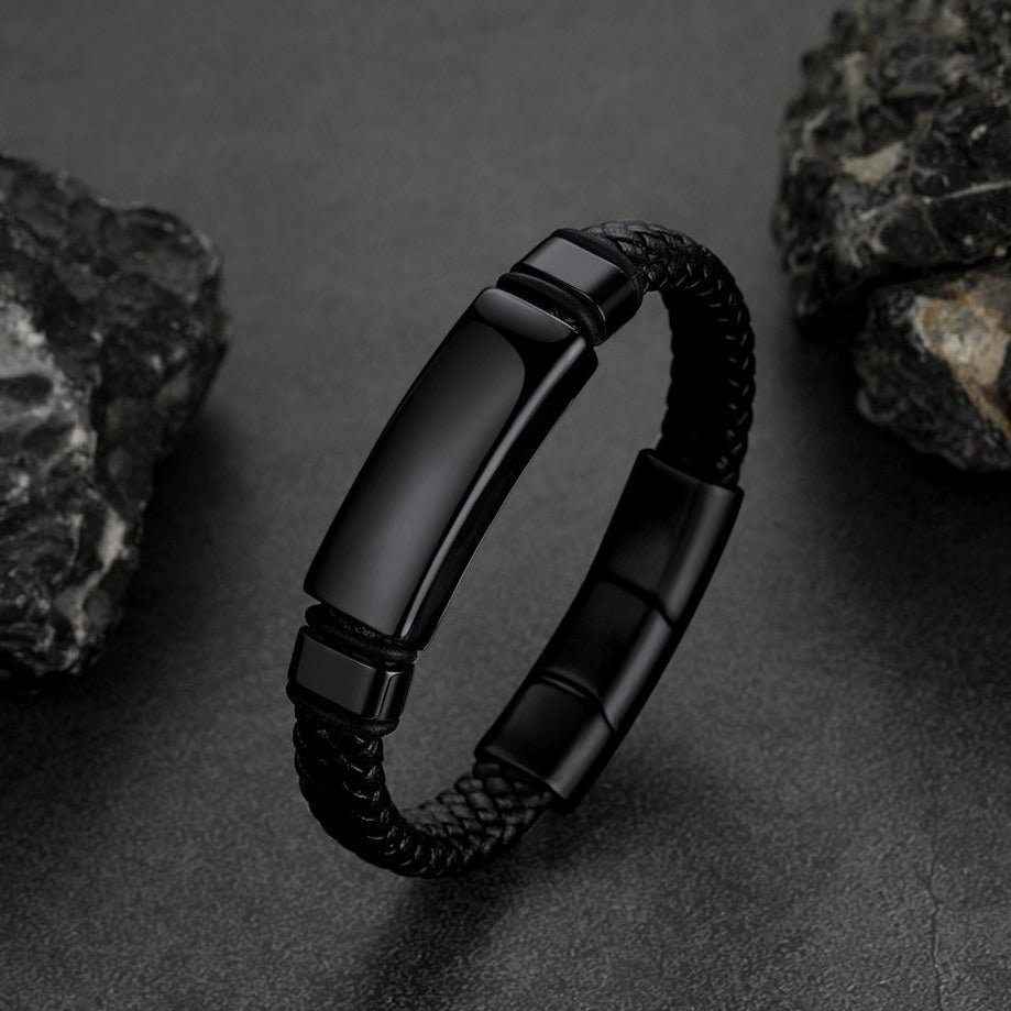 Custom Braided Black Engraved Leather Bracelet Cuff for