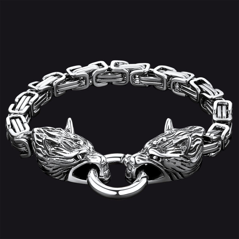 Viking Wolf Head Chain Bracelet Cuff Bangle Gift for