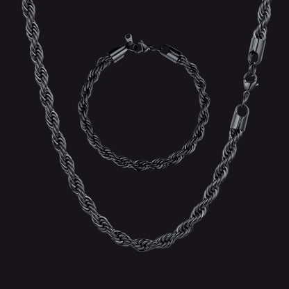 6mm Twisted Rope Link Chain & Rope Bracelet Bundle Set for