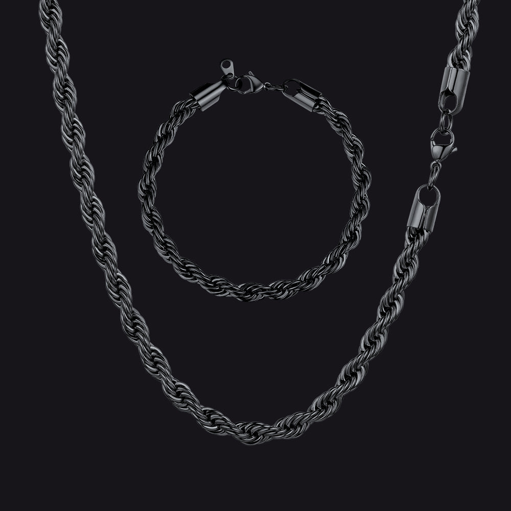 6mm Twisted Rope Link Chain & Rope Bracelet Bundle Set for