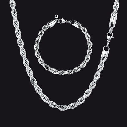 6mm Twisted Rope Link Chain & Rope Bracelet Bundle Set for