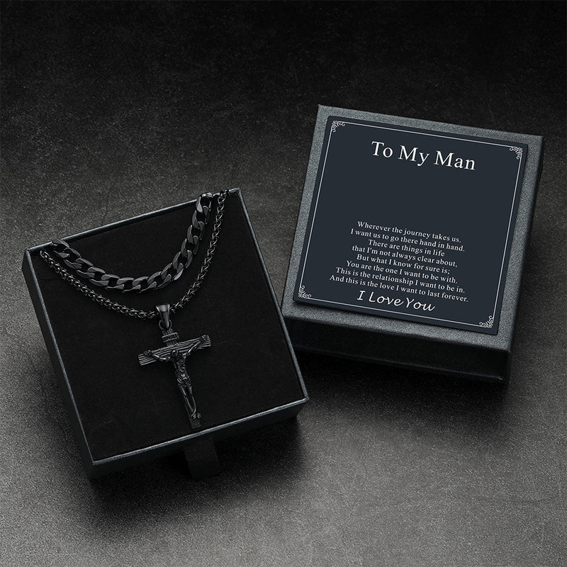 Gift for Jesus Cross & Cuban Chain Layered Necklace Set Birthday Gift