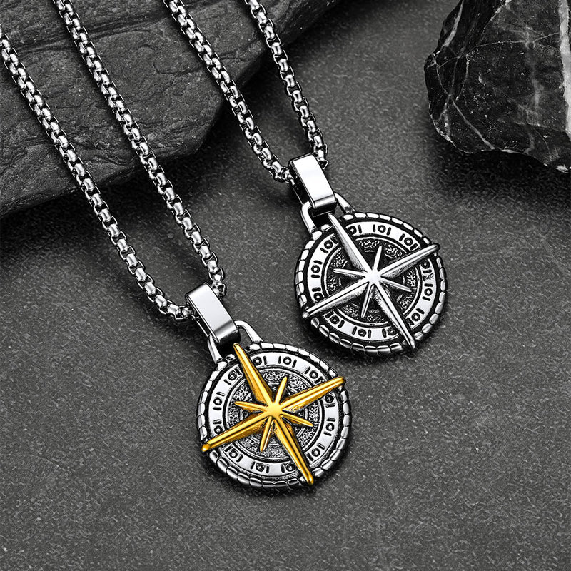Curb Chain & Polaris Compass Pendant Layered Necklaces Set for