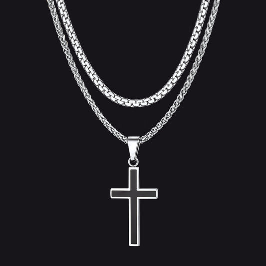 Flat Box Link Chain & Black Enamel Cross Layered Necklaces Set for