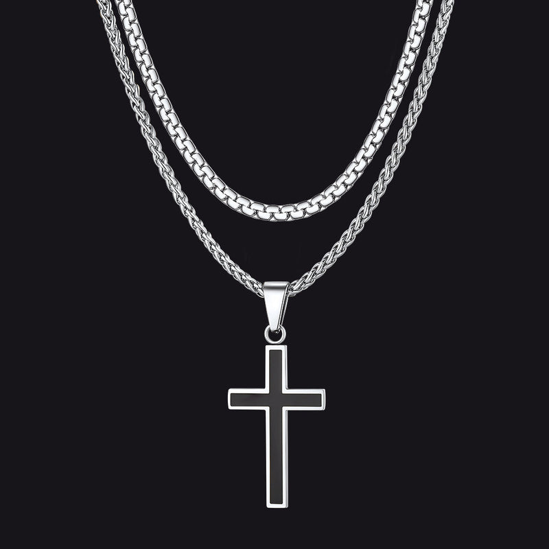 Flat Box Link Chain & Black Enamel Cross Layered Necklaces Set for