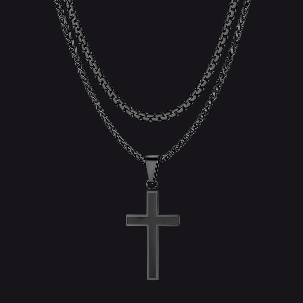 Flat Box Link Chain & Black Enamel Cross Layered Necklaces Set for