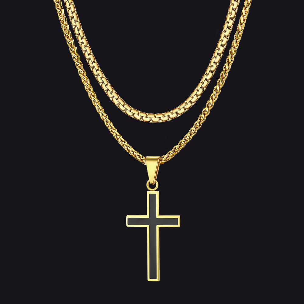 Flat Box Link Chain & Black Enamel Cross Layered Necklaces Set for