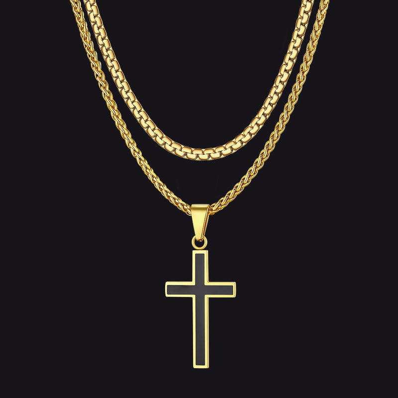 Flat Box Link Chain & Black Enamel Cross Layered Necklaces Set for