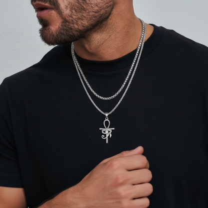 Flat Box Chain & Ankh Cross Layered Necklaces Set for