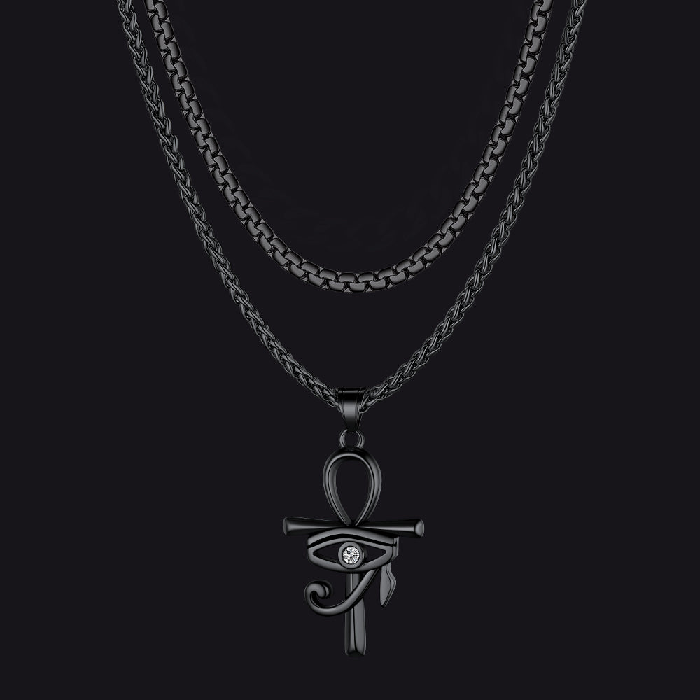 Flat Box Chain & Ankh Cross Layered Necklaces Set for