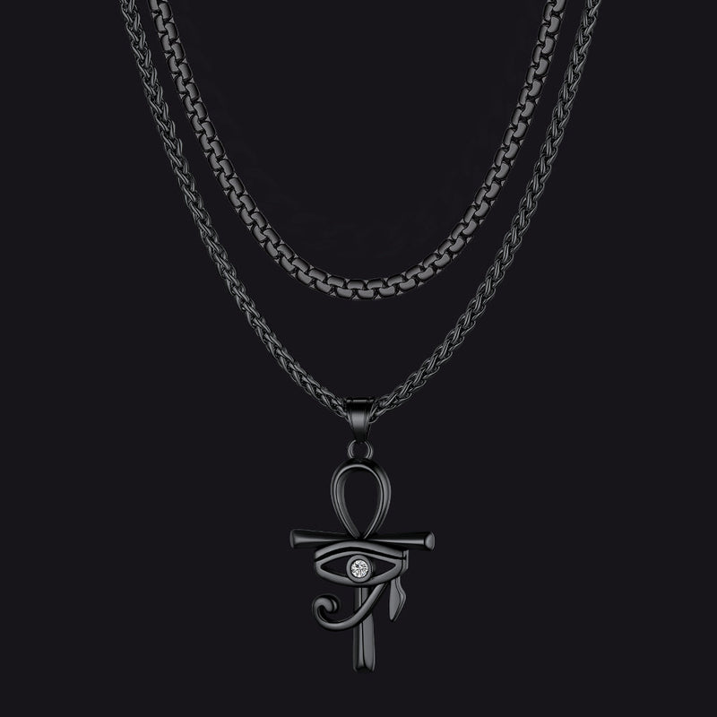 Flat Box Chain & Ankh Cross Layered Necklaces Set for