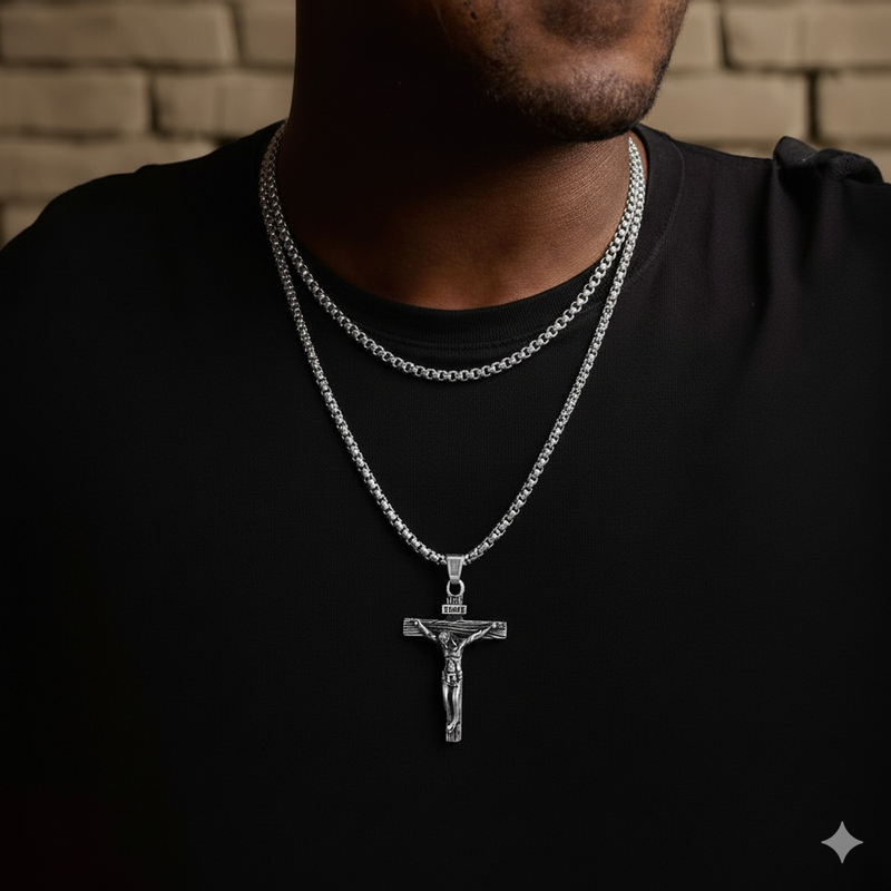 Flat Box Chain & Jesus Cross Layered Necklaces Set for
