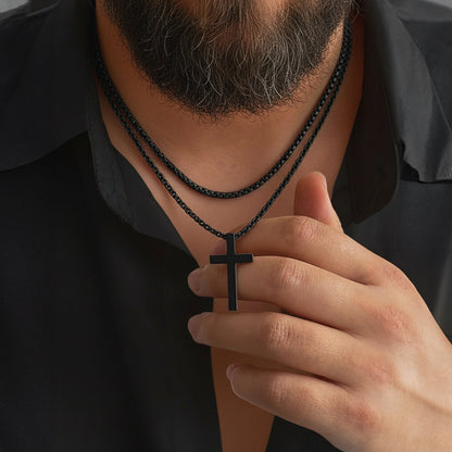 Flat Box Chain & Engraved Cross Layered Necklaces Set for