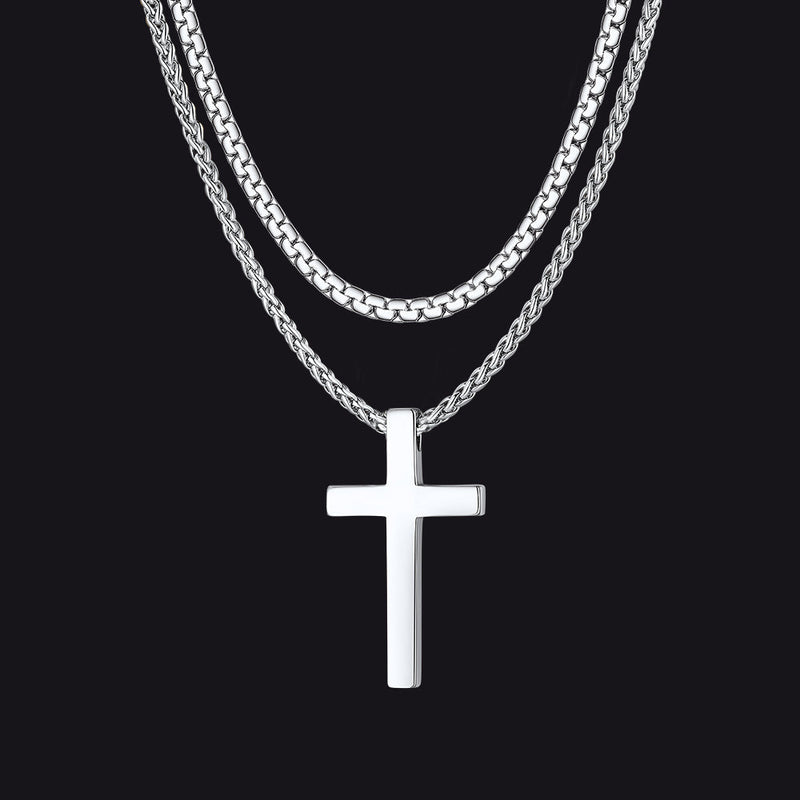 Flat Box Chain & Engraved Cross Layered Necklaces Set for