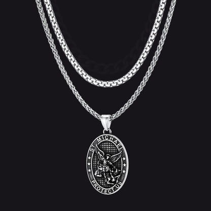 Flat Box Chain & St. Michael Layered Necklaces Set for