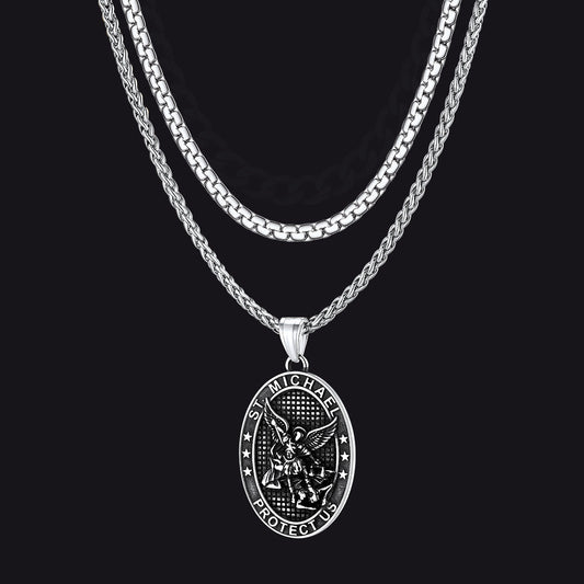 Flat Box Chain & St. Michael Layered Necklaces Set for