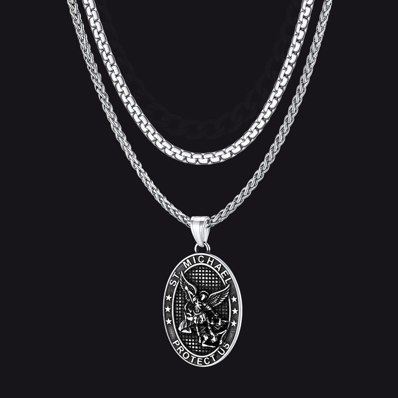 Flat Box Chain & St. Michael Layered Necklaces Set for
