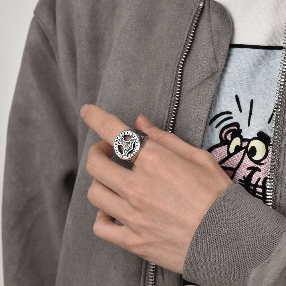 Viking Thor's Hammer Ring With Runes for