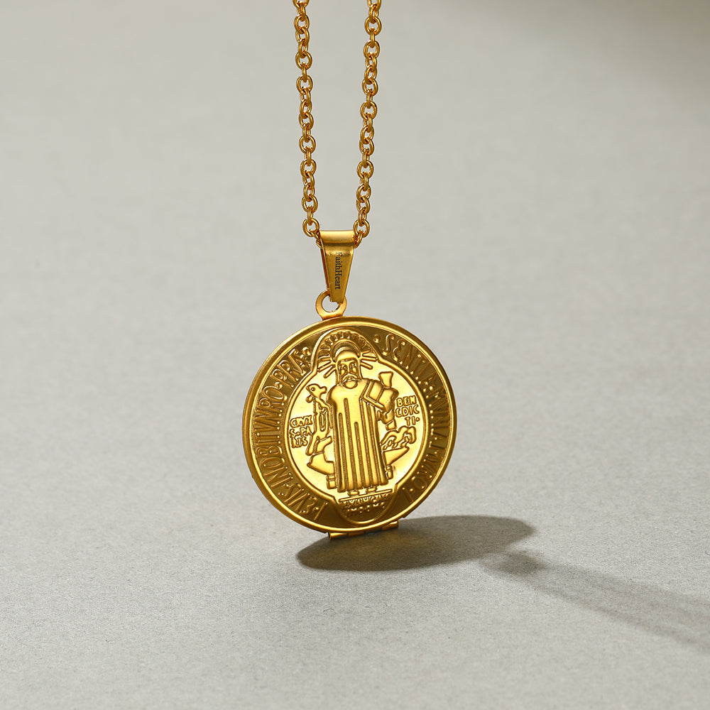 Faithheart Custom Engraving Saint Benedict of Nursia Pendant Locket Necklace
