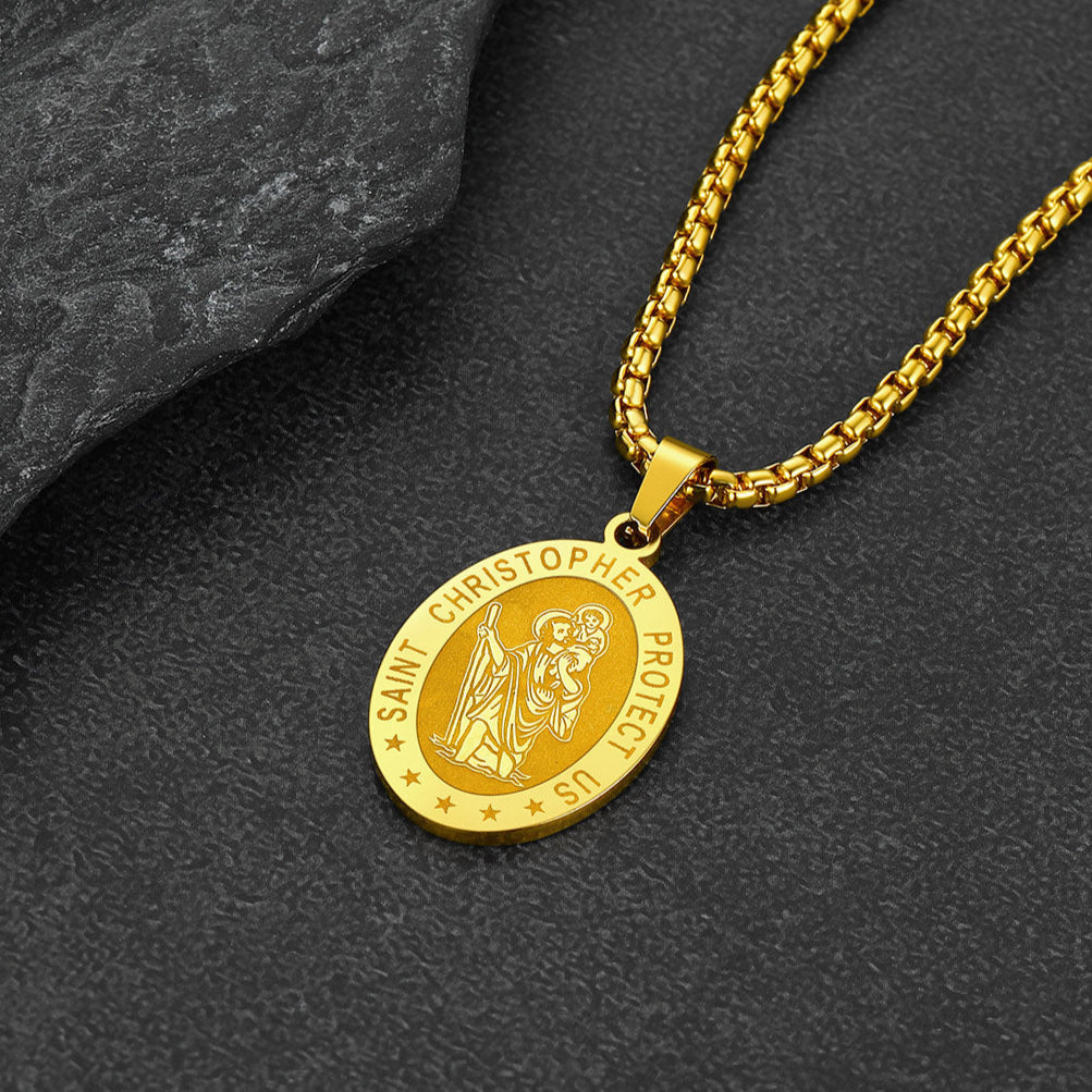 Oval Christian Saint Christopher Protection Medal Necklace for