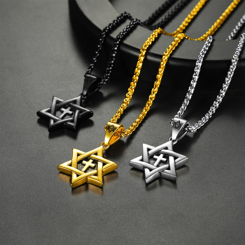 Curb Chain & Star of David With Cross Layered Necklaces Set for
