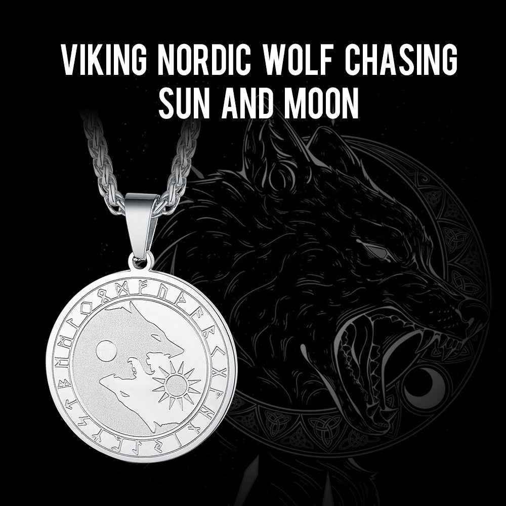 Viking Wolf Coin Necklace for With Runes