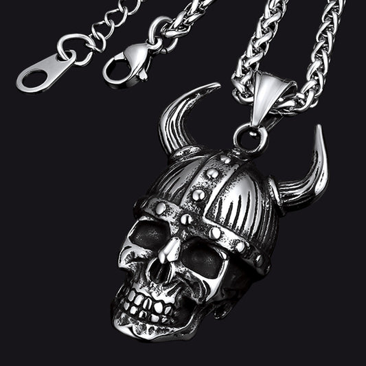Viking Helmet Skull Pendant Necklace for