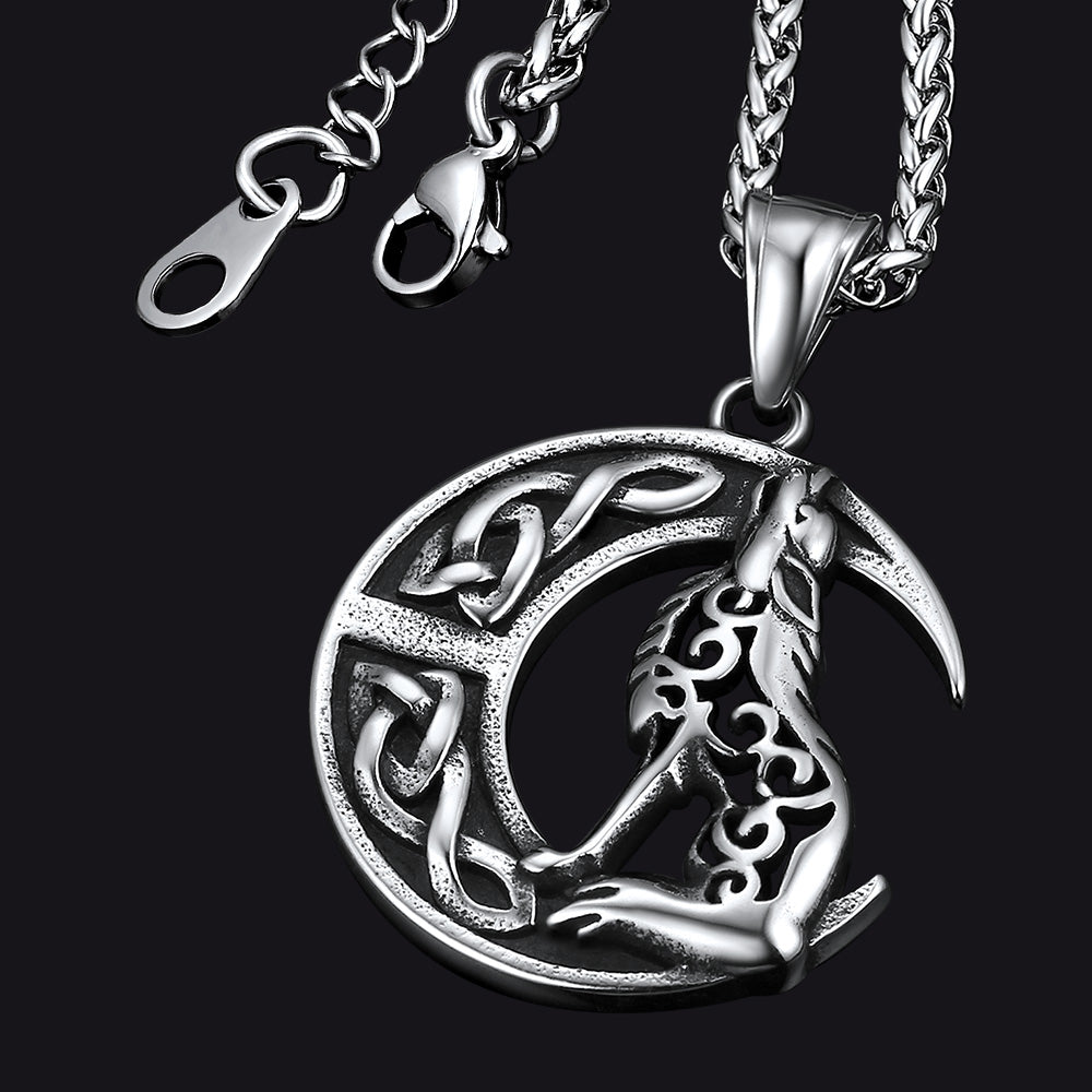 Viking Celtic Crescent Moon Wolf Necklace Pendant for